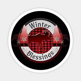 Winter Blessings Plaid Moose Badge Magnet